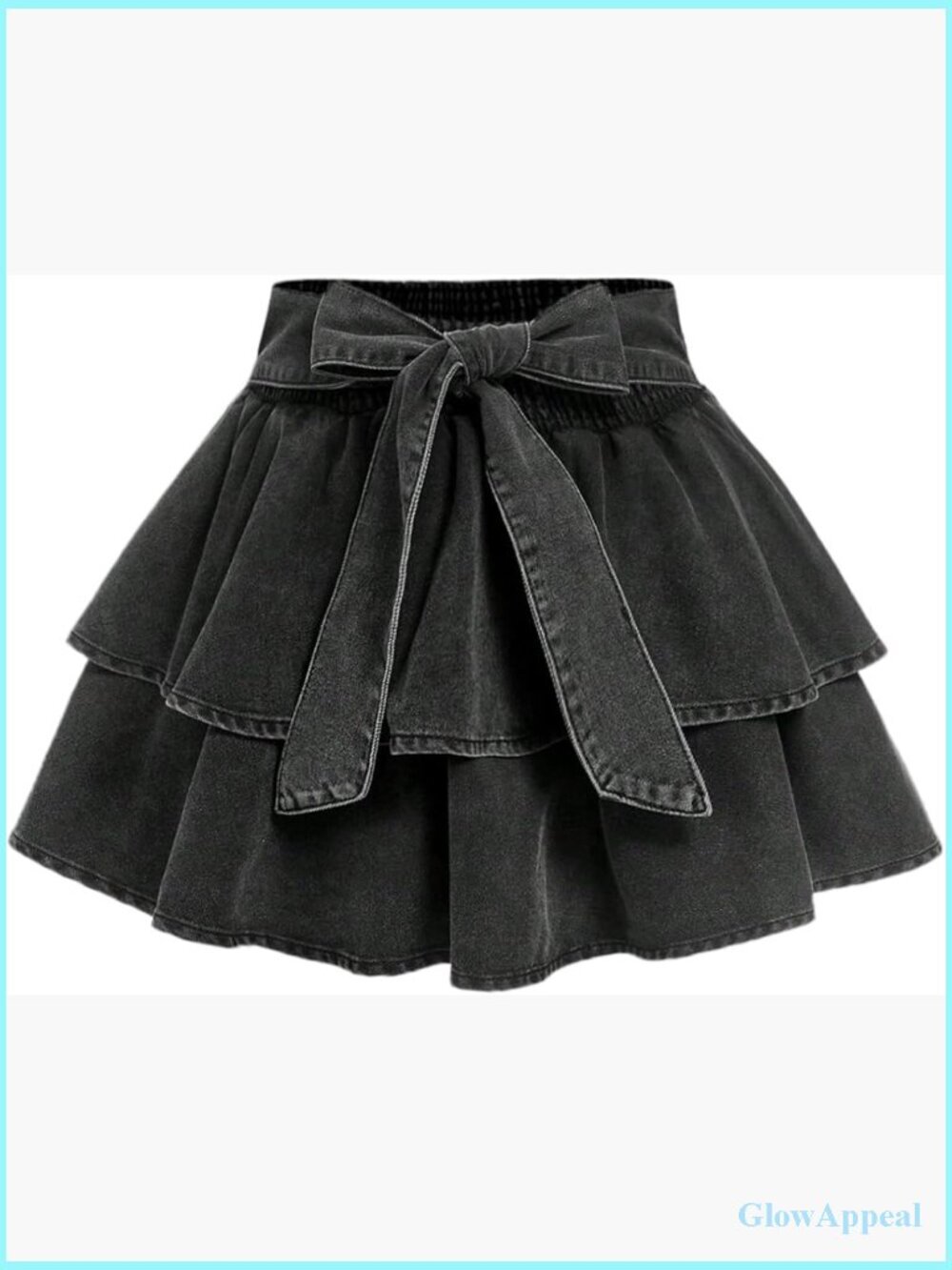 Plus Size Bow Mini Denim Skirt Layered Ruffle Elastic Waist A Line
